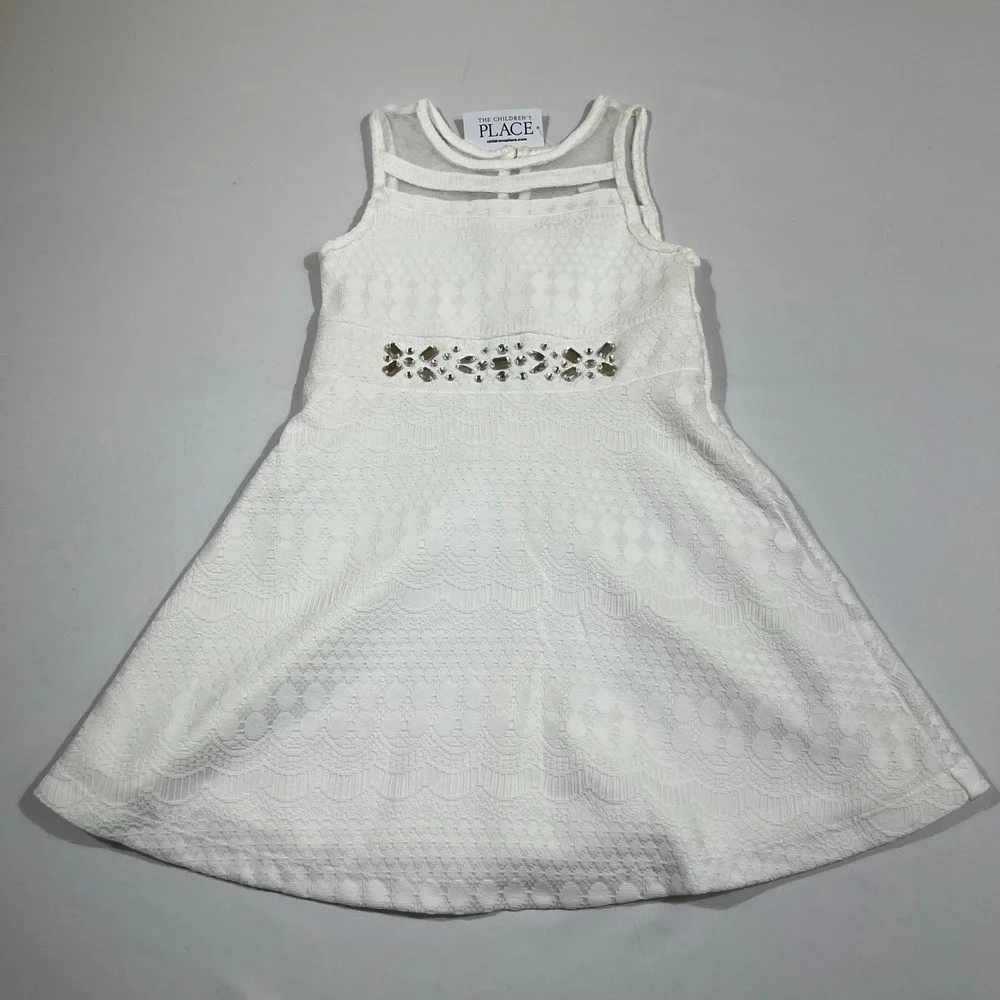 The Children's Place Dress Kids Size 5 Simply White Rhinestone Lace Mesh Neck